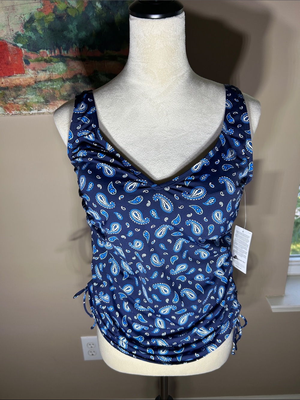 Lands' End Navy Paisley Swim Top with Adjustable Straps